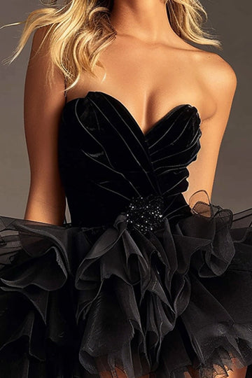 Strapless Ruffled Tulle A Line Black Short Prom Dress